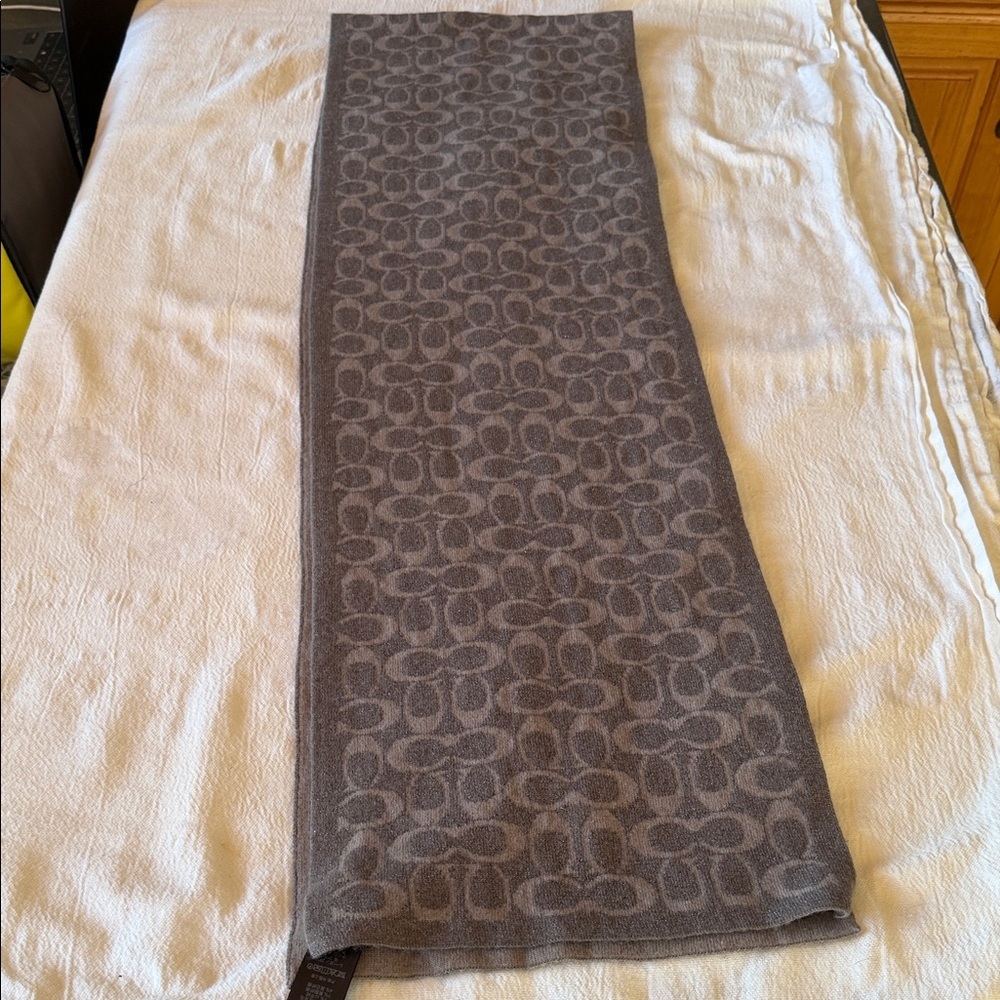 Coach Signature C Monogram Scarf Grey Charcoal Cashmere Blend Metallic Shimmer